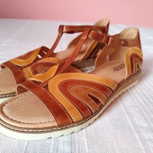 Pikolinos Brown & Mustard Leather T‑Strap Sandals